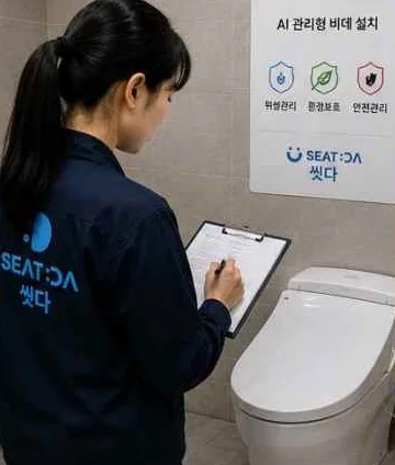씻다 유니폼을 입은 점검 인력이 비데 앞에서 점검표를 작성하는 모습